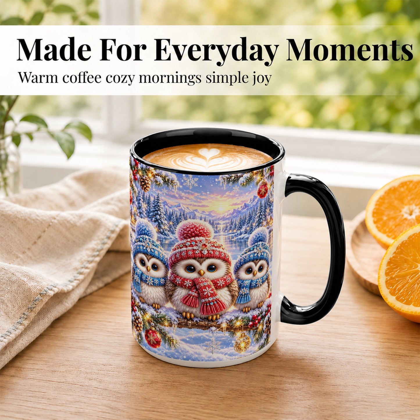 #pl[15oz|Black] Christmas Owl Trio Coffee Mug, Winter Bird Mug, Ceramic Cup