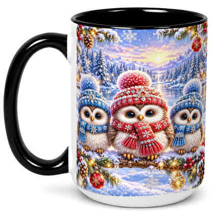 #pl[15oz|Black] Christmas Owl Trio Coffee Mug, Winter Bird Mug, Ceramic Cup