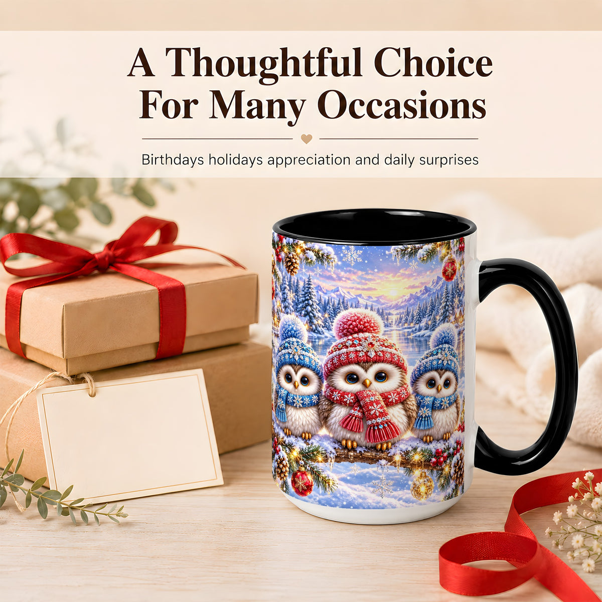 #pl[15oz|Black] Christmas Owl Trio Coffee Mug, Winter Bird Mug, Ceramic Cup