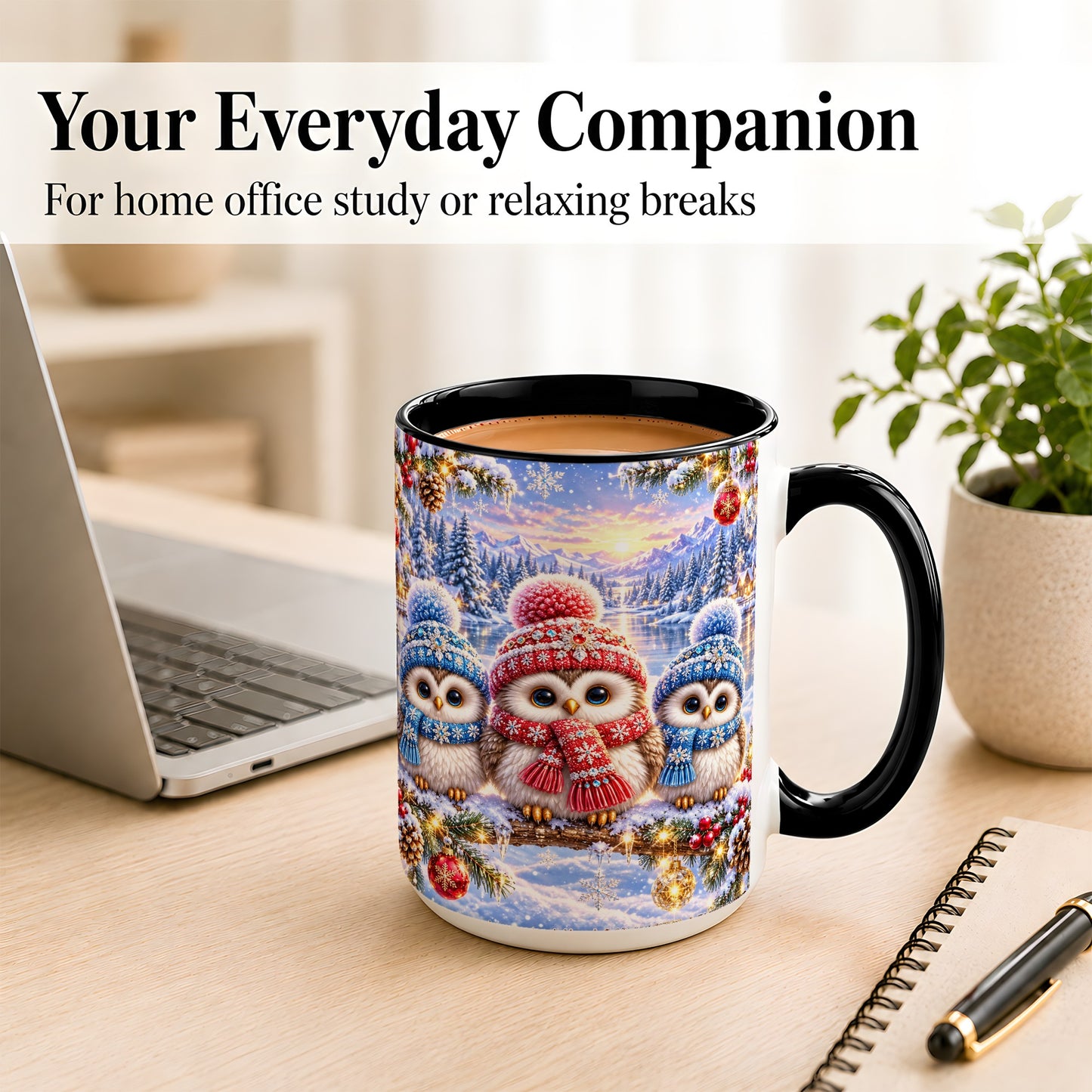 #pl[15oz|Black] Christmas Owl Trio Coffee Mug, Winter Bird Mug, Ceramic Cup