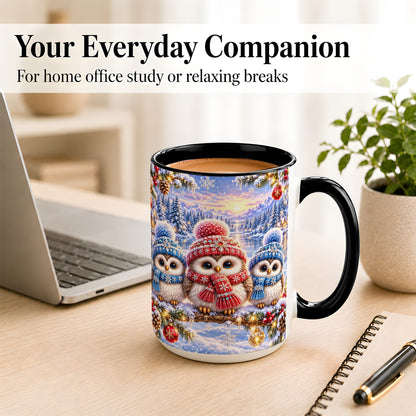 #pl[15oz|Black] Christmas Owl Trio Coffee Mug, Winter Bird Mug, Ceramic Cup