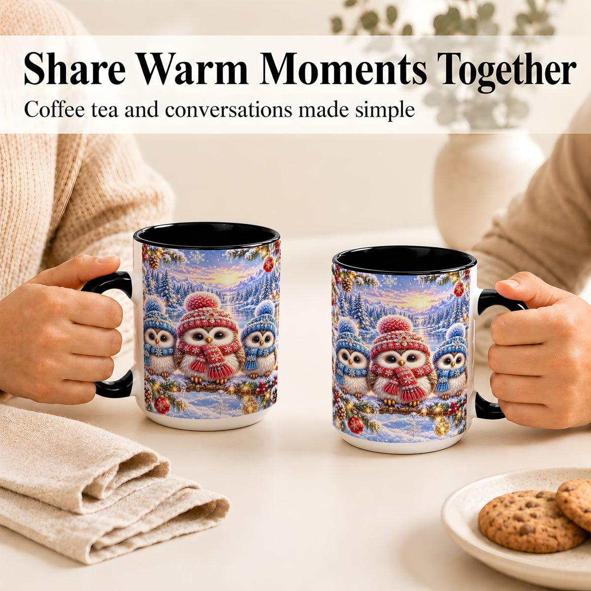 #pl[15oz|Black] Christmas Owl Trio Coffee Mug, Winter Bird Mug, Ceramic Cup