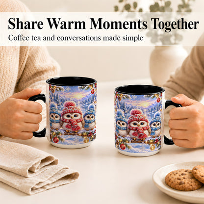 #pl[15oz|Black] Christmas Owl Trio Coffee Mug, Winter Bird Mug, Ceramic Cup