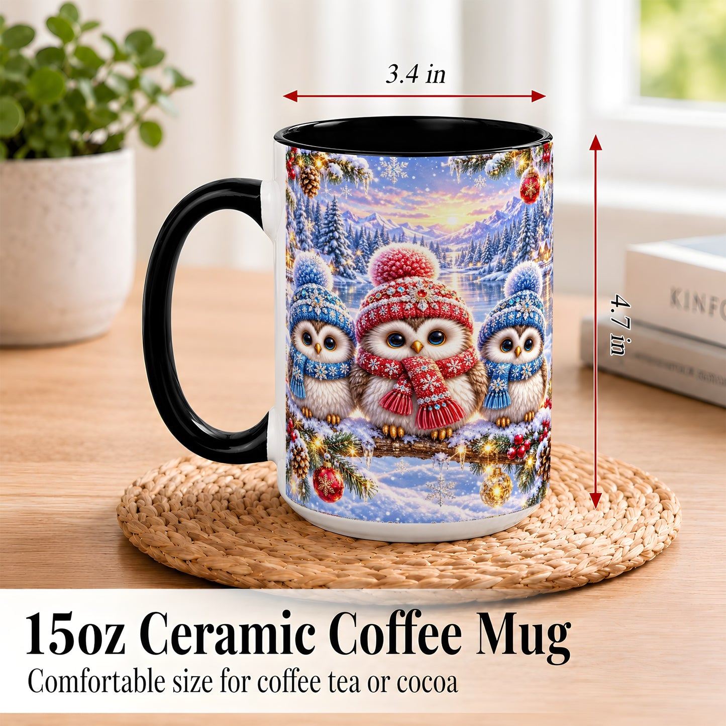 #pl[15oz|Black] Christmas Owl Trio Coffee Mug, Winter Bird Mug, Ceramic Cup