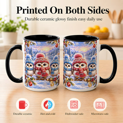#pl[15oz|Black] Christmas Owl Trio Coffee Mug, Winter Bird Mug, Ceramic Cup