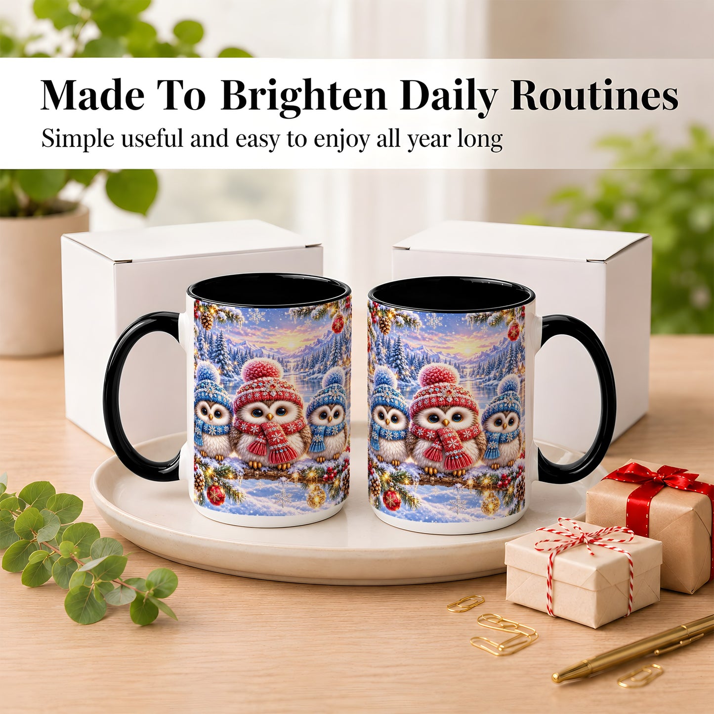 #pl[15oz|Black] Christmas Owl Trio Coffee Mug, Winter Bird Mug, Ceramic Cup