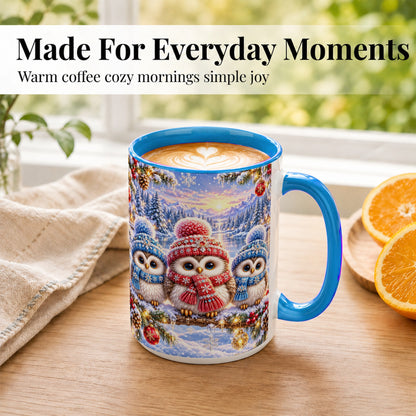 #pl[15oz|Blue] Christmas Owl Trio Coffee Mug, Winter Bird Mug, Ceramic Cup