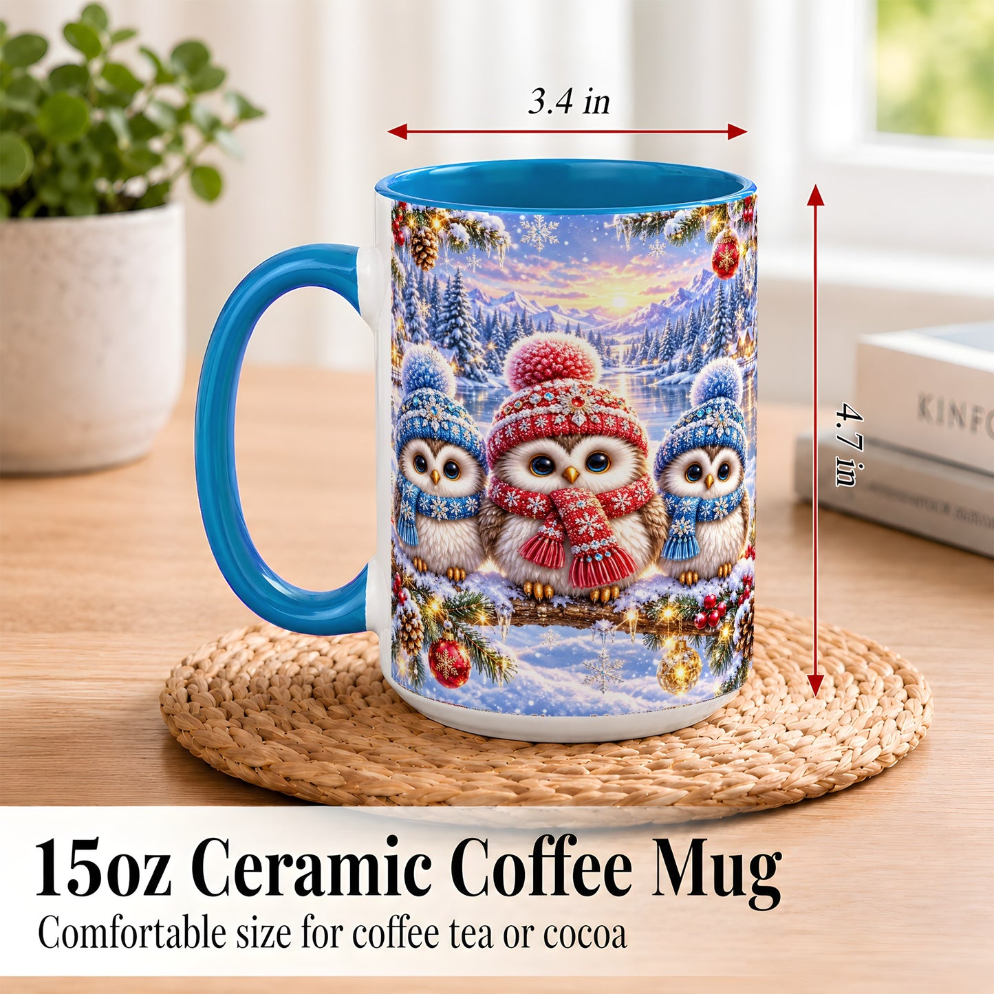 #pl[15oz|Blue] Christmas Owl Trio Coffee Mug, Winter Bird Mug, Ceramic Cup