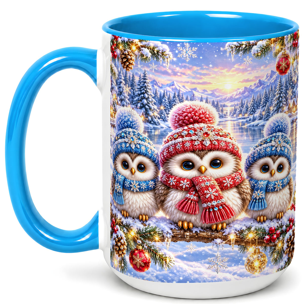 #pl[15oz|Blue] Christmas Owl Trio Coffee Mug, Winter Bird Mug, Ceramic Cup
