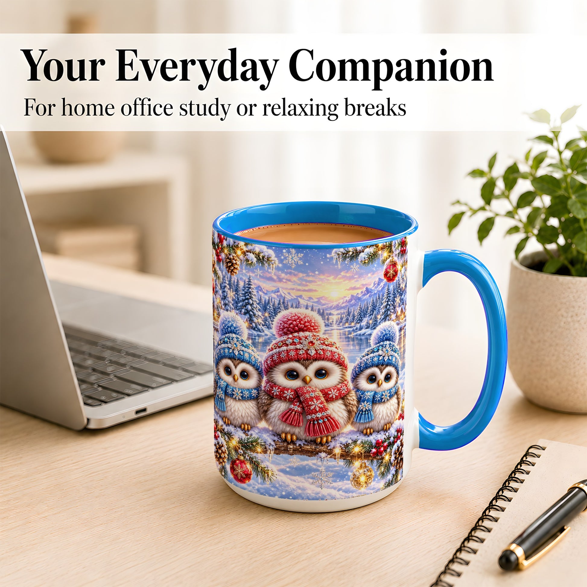 #pl[15oz|Blue] Christmas Owl Trio Coffee Mug, Winter Bird Mug, Ceramic Cup