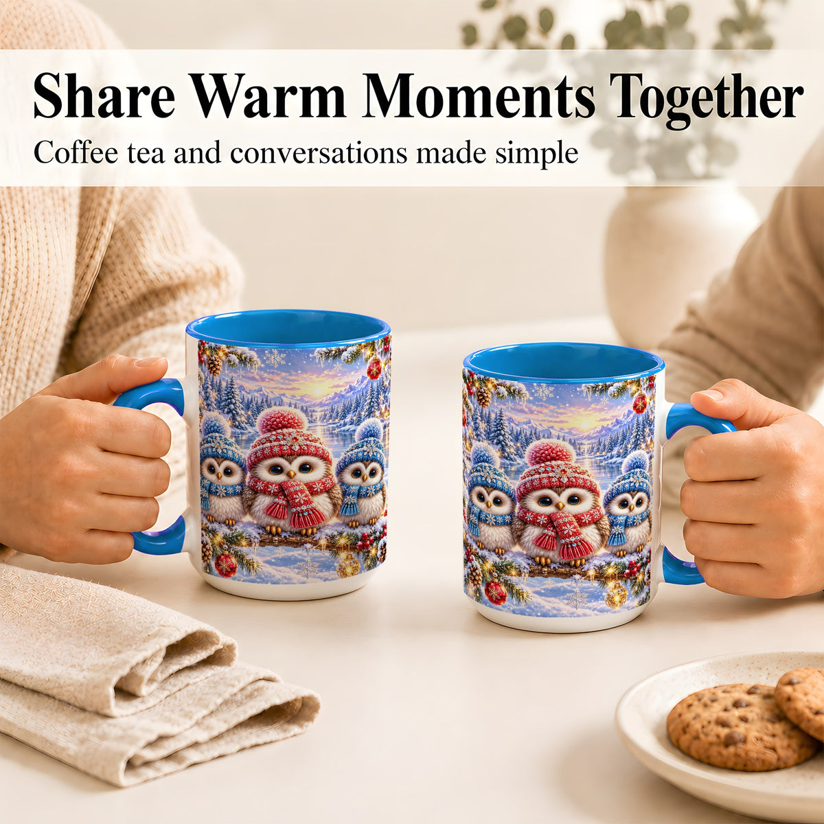 #pl[15oz|Blue] Christmas Owl Trio Coffee Mug, Winter Bird Mug, Ceramic Cup
