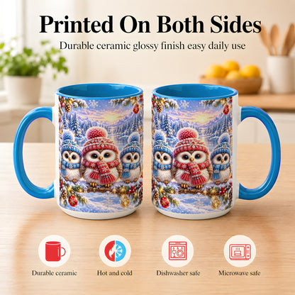 #pl[15oz|Blue] Christmas Owl Trio Coffee Mug, Winter Bird Mug, Ceramic Cup