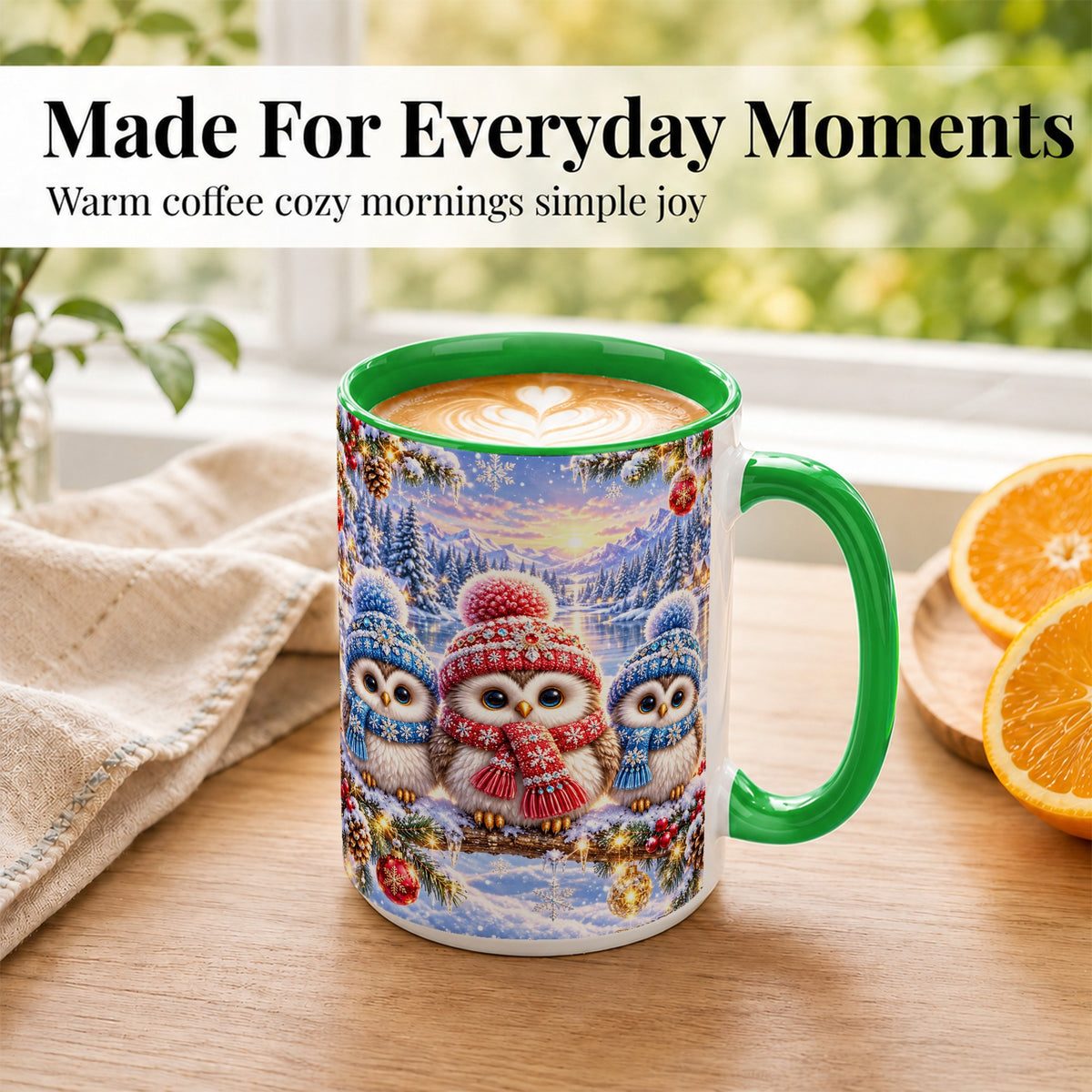 #pl[15oz|Green] Christmas Owl Trio Coffee Mug, Winter Bird Mug, Ceramic Cup