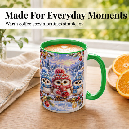 #pl[15oz|Green] Christmas Owl Trio Coffee Mug, Winter Bird Mug, Ceramic Cup