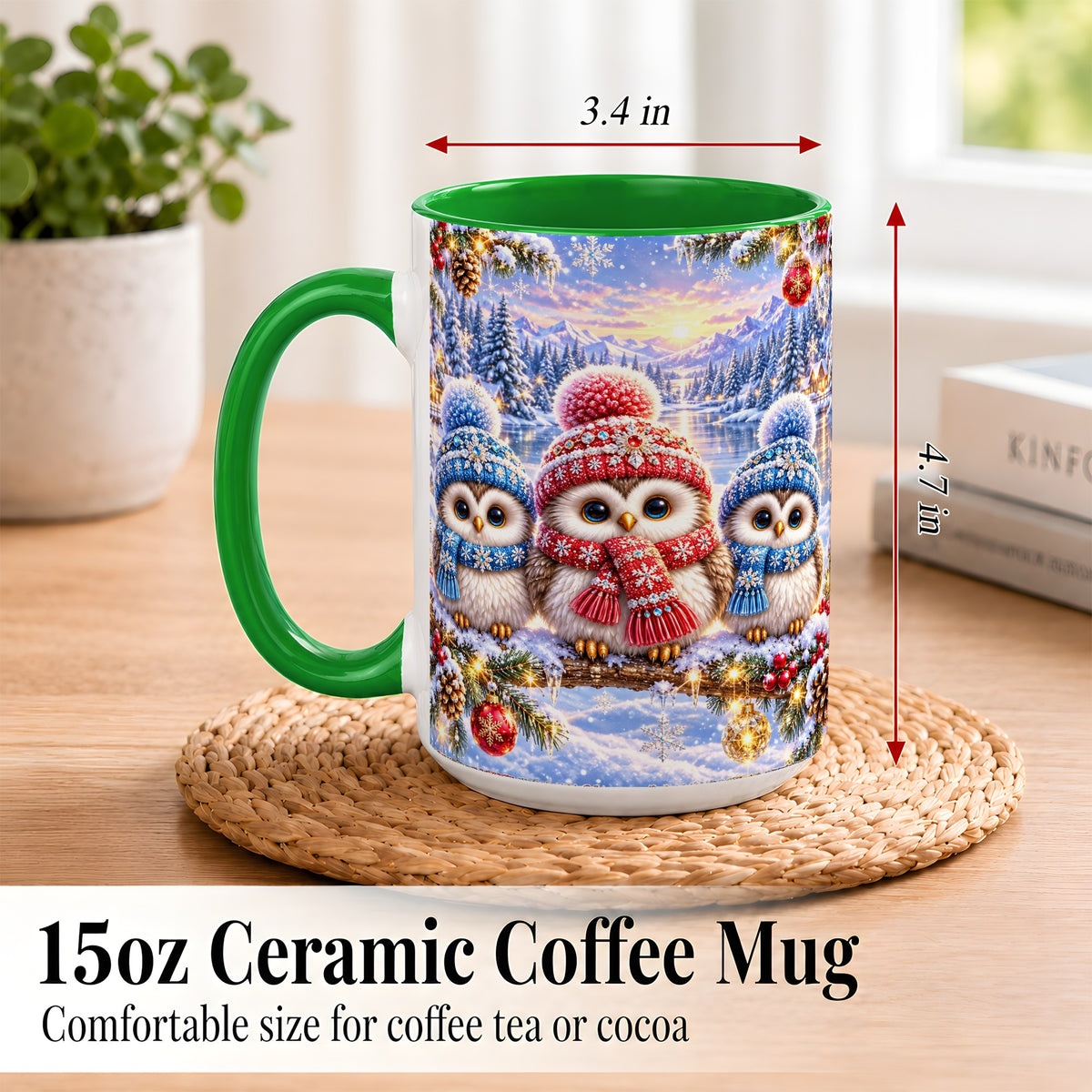 #pl[15oz|Green] Christmas Owl Trio Coffee Mug, Winter Bird Mug, Ceramic Cup