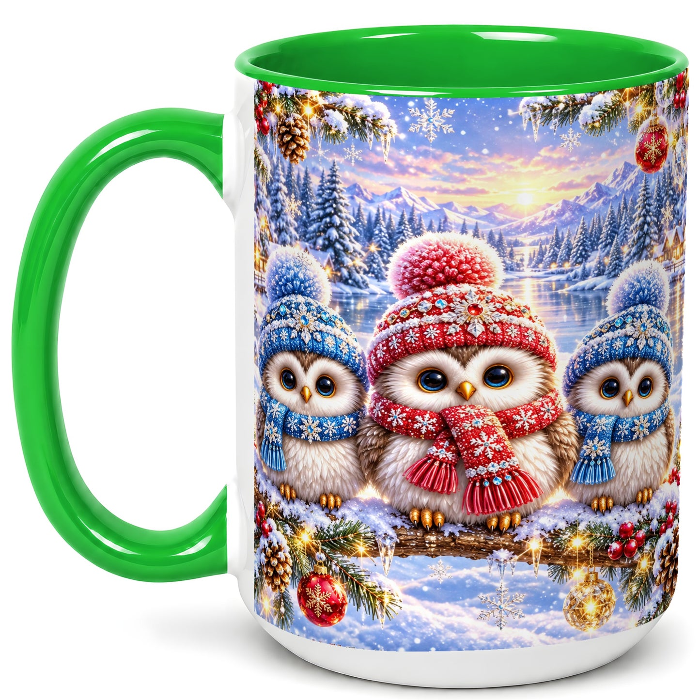 #pl[15oz|Green] Christmas Owl Trio Coffee Mug, Winter Bird Mug, Ceramic Cup