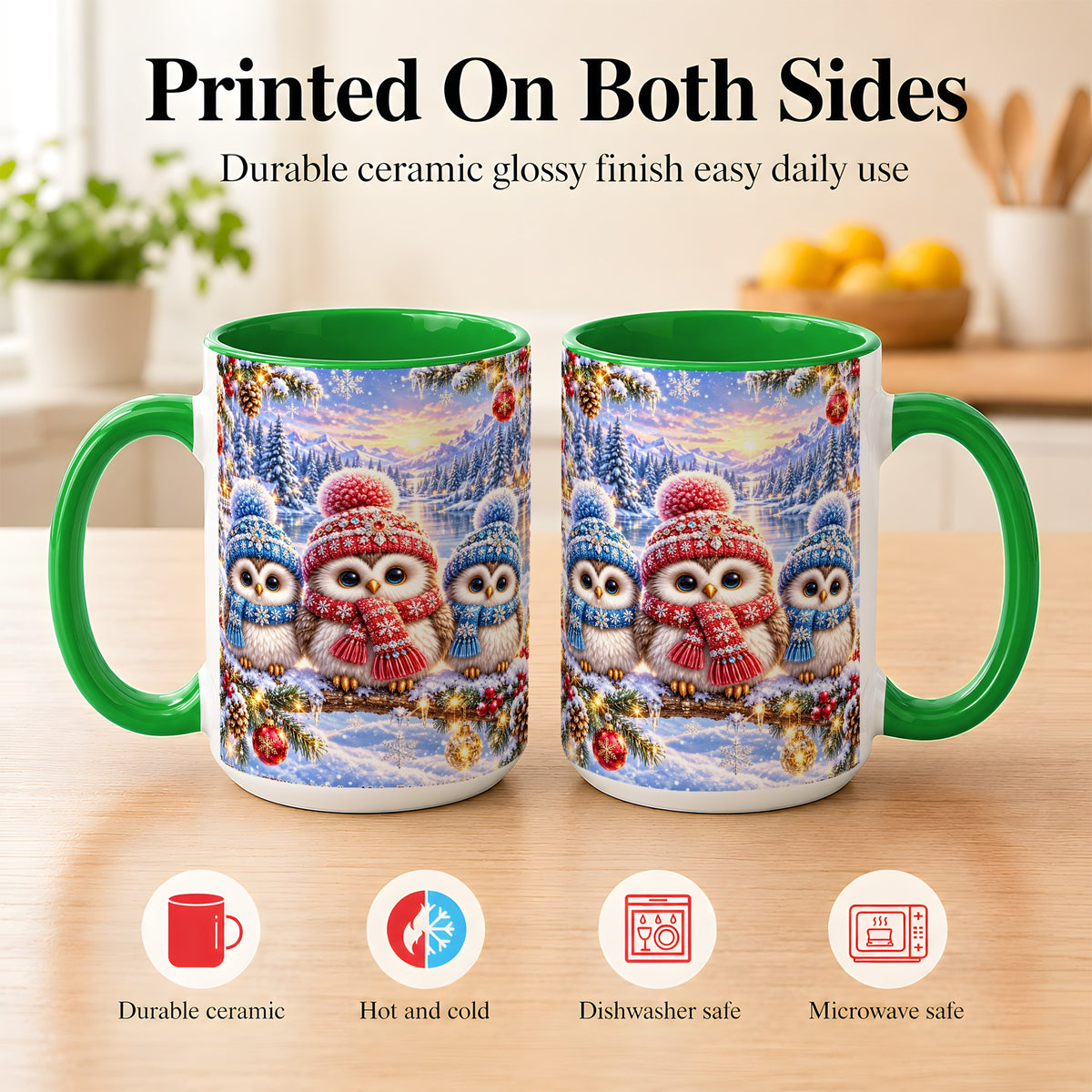 #pl[15oz|Green] Christmas Owl Trio Coffee Mug, Winter Bird Mug, Ceramic Cup