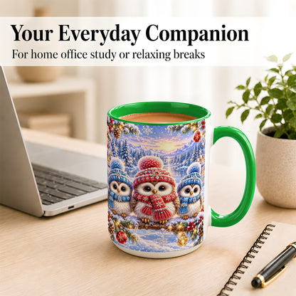 #pl[15oz|Green] Christmas Owl Trio Coffee Mug, Winter Bird Mug, Ceramic Cup