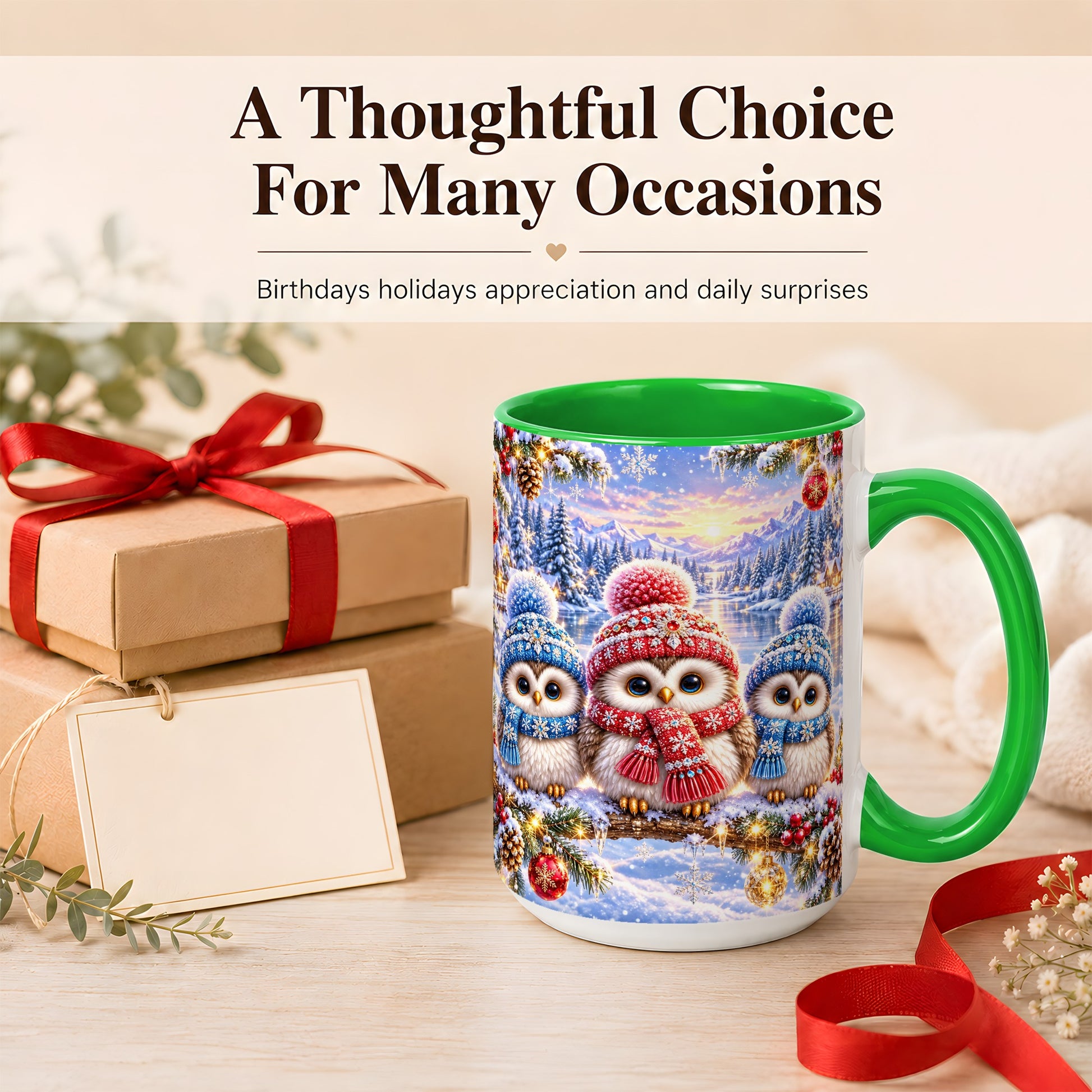 #pl[15oz|Green] Christmas Owl Trio Coffee Mug, Winter Bird Mug, Ceramic Cup