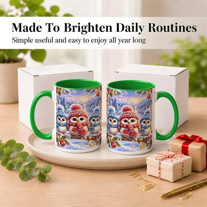 #pl[15oz|Green] Christmas Owl Trio Coffee Mug, Winter Bird Mug, Ceramic Cup