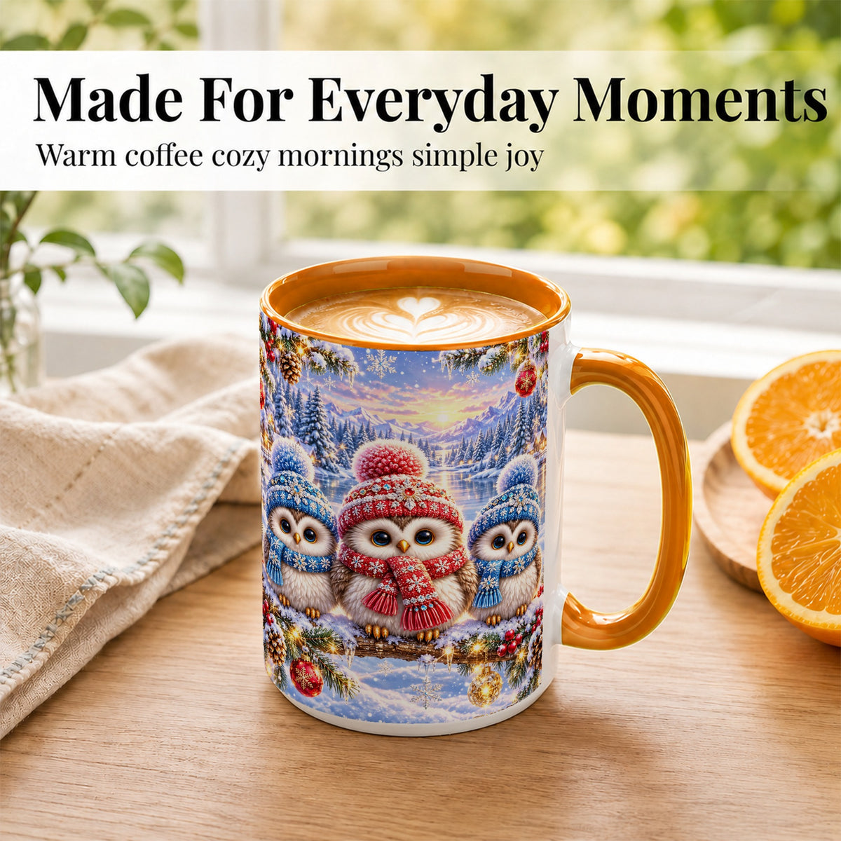 #pl[15oz|Orange] Christmas Owl Trio Coffee Mug, Winter Bird Mug, Ceramic Cup