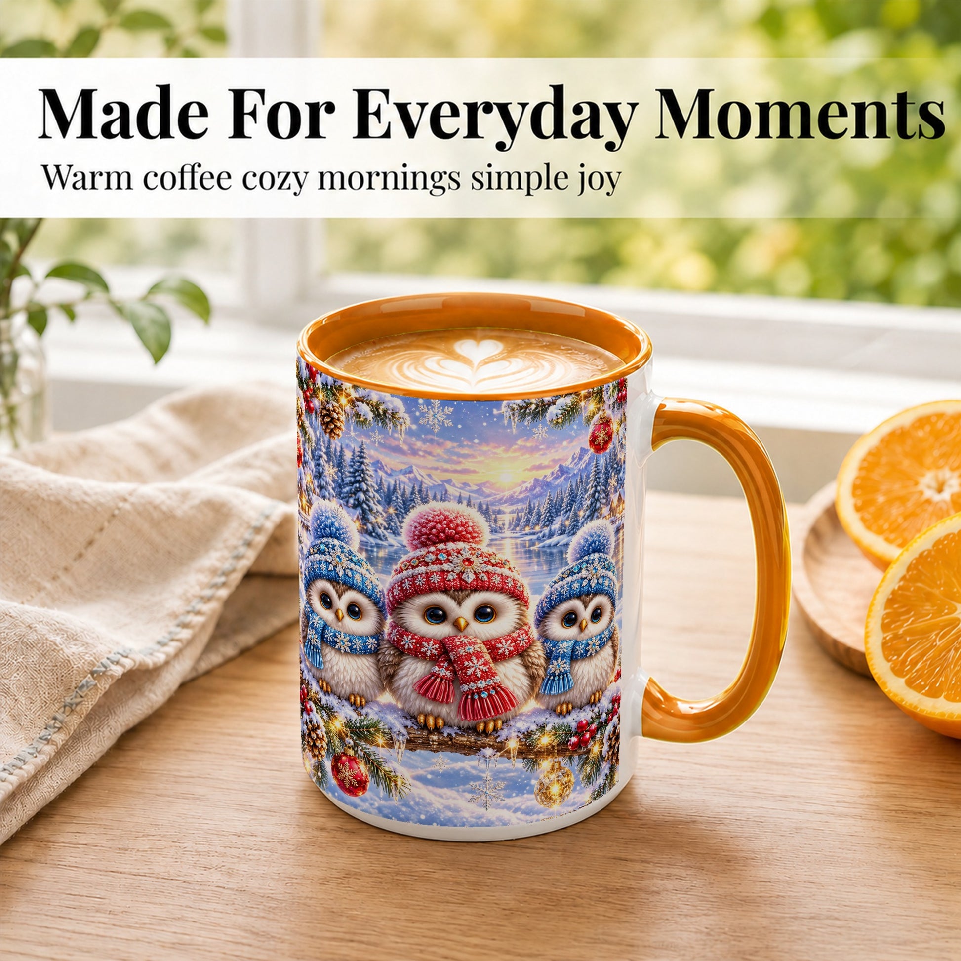 #pl[15oz|Orange] Christmas Owl Trio Coffee Mug, Winter Bird Mug, Ceramic Cup