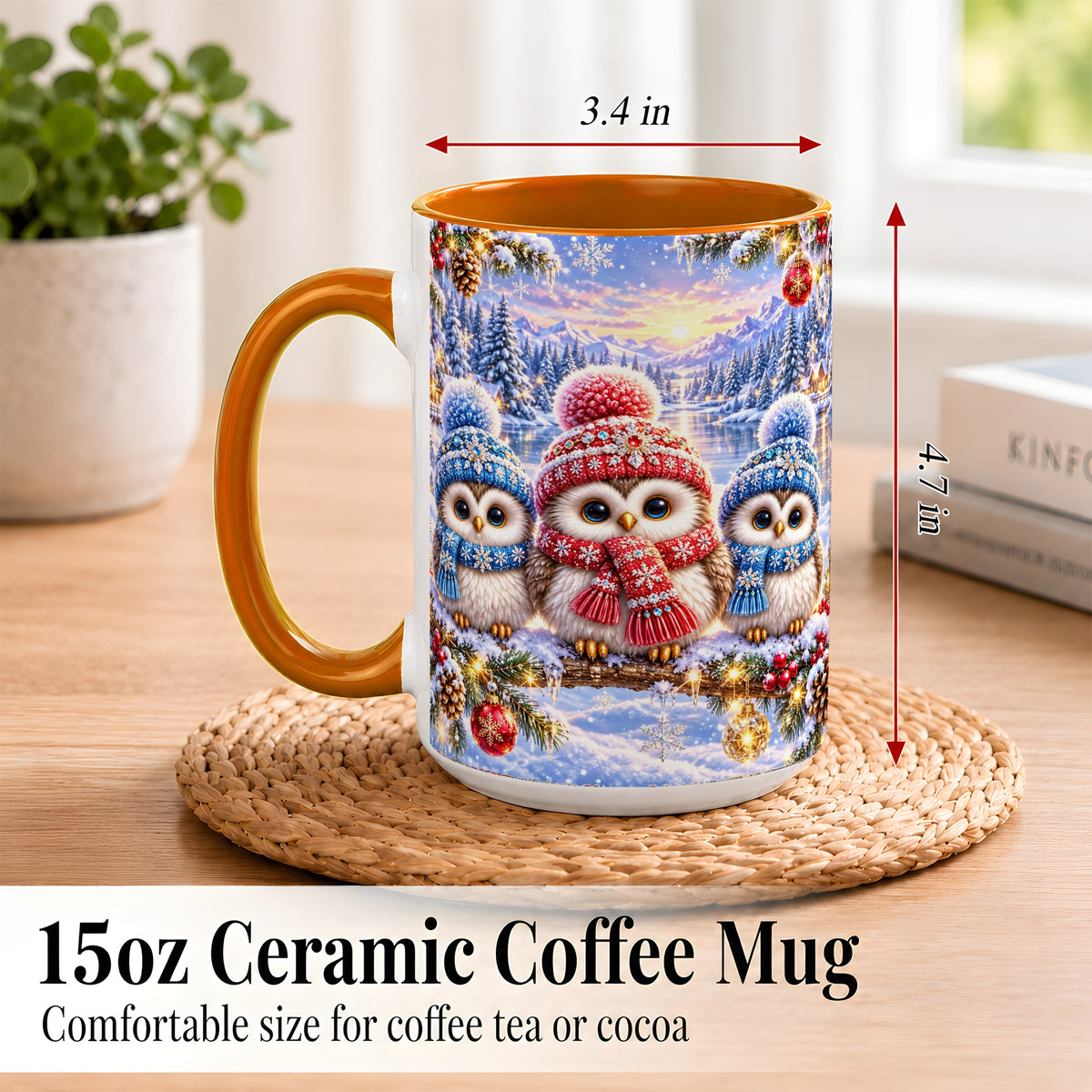#pl[15oz|Orange] Christmas Owl Trio Coffee Mug, Winter Bird Mug, Ceramic Cup