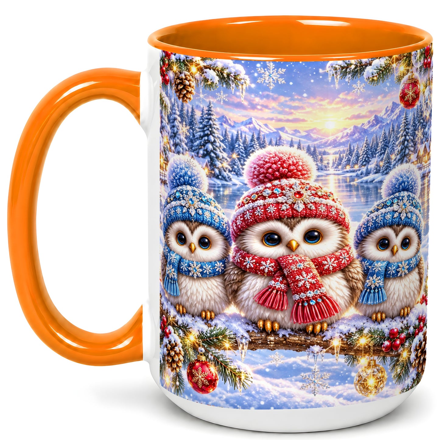 #pl[15oz|Orange] Christmas Owl Trio Coffee Mug, Winter Bird Mug, Ceramic Cup