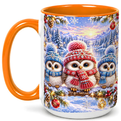 #pl[15oz|Orange] Christmas Owl Trio Coffee Mug, Winter Bird Mug, Ceramic Cup