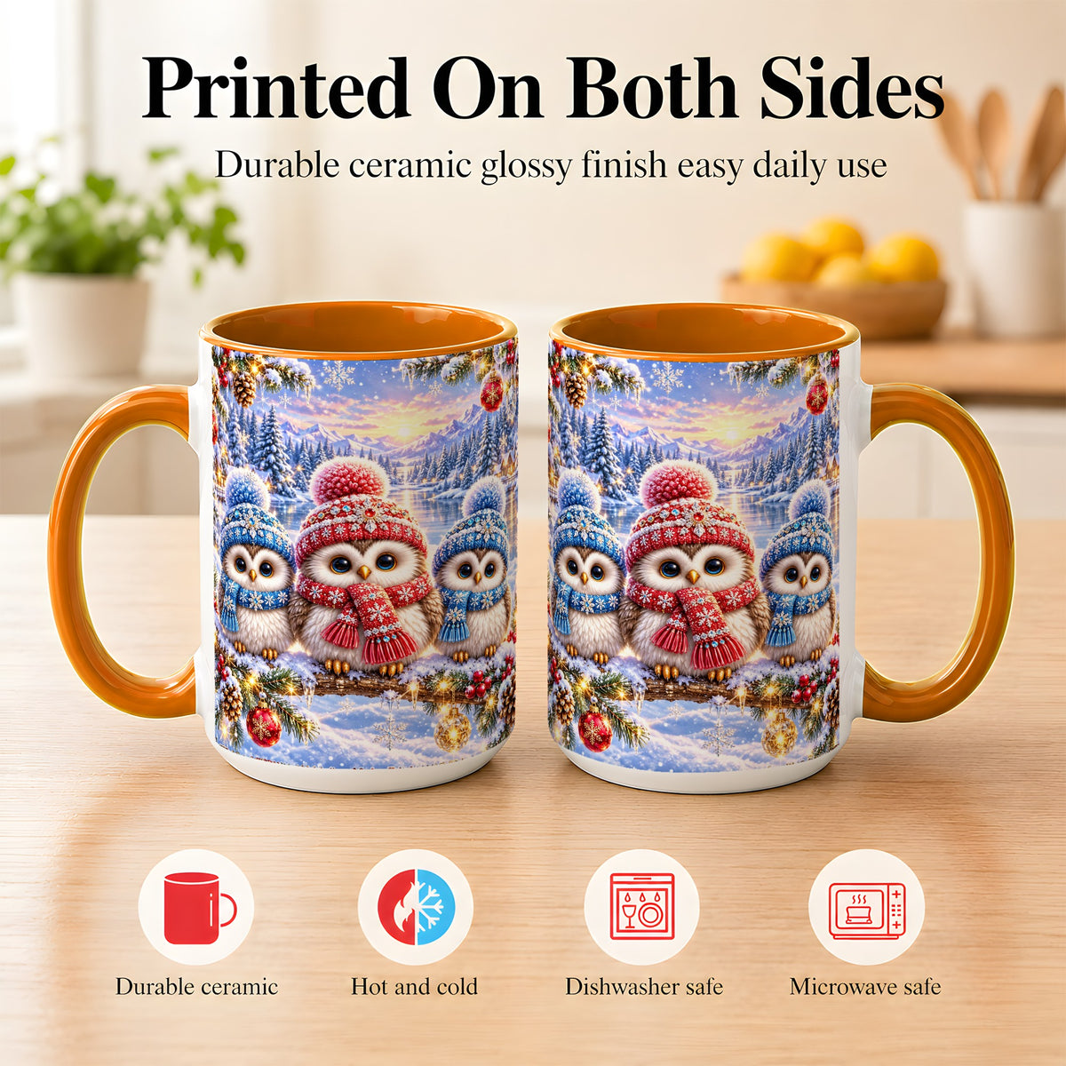#pl[15oz|Orange] Christmas Owl Trio Coffee Mug, Winter Bird Mug, Ceramic Cup