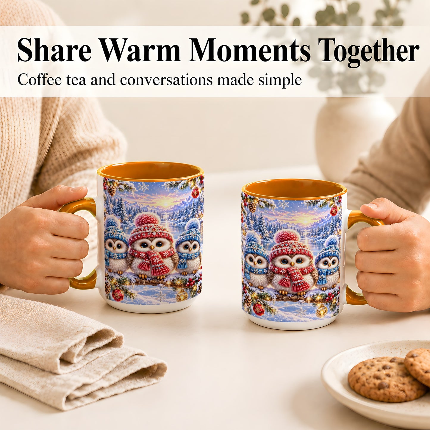 #pl[15oz|Orange] Christmas Owl Trio Coffee Mug, Winter Bird Mug, Ceramic Cup