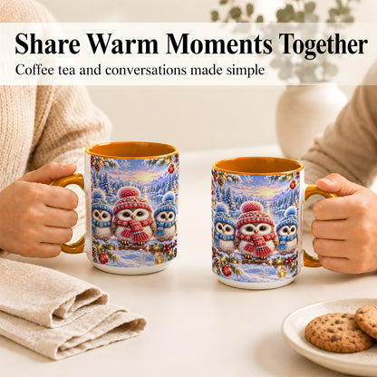 #pl[15oz|Orange] Christmas Owl Trio Coffee Mug, Winter Bird Mug, Ceramic Cup