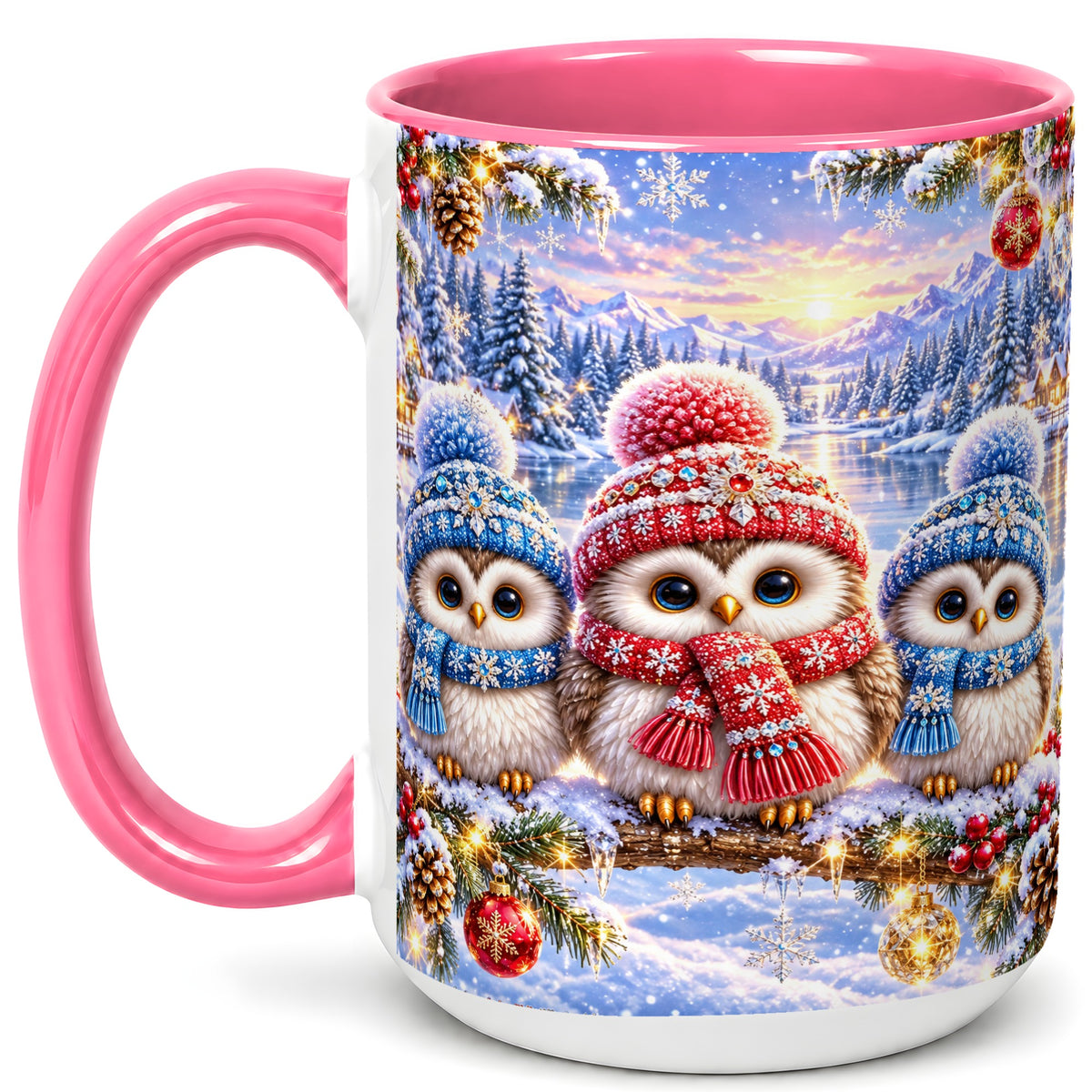 #pl[15oz|Pink] Christmas Owl Trio Coffee Mug, Winter Bird Mug, Ceramic Cup