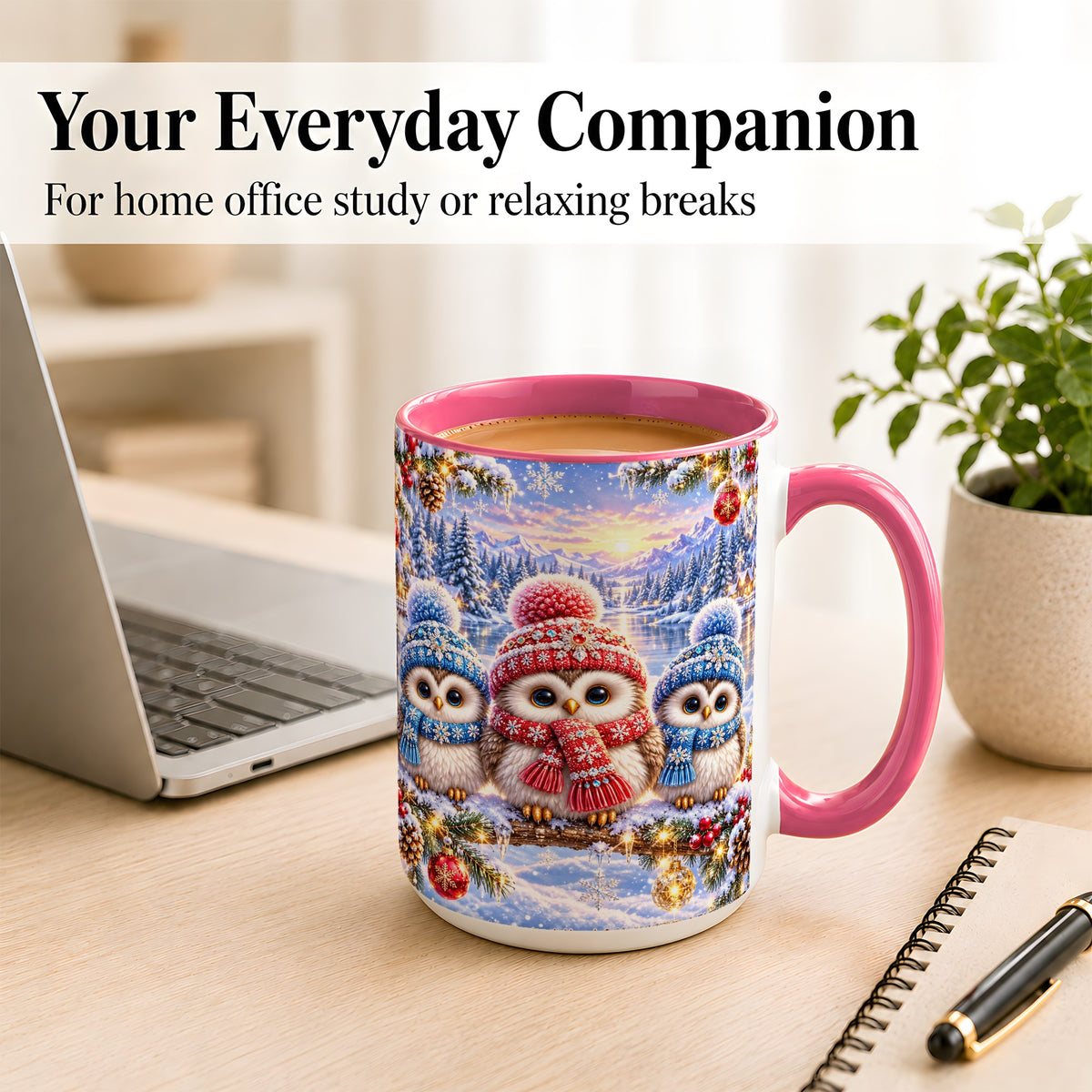 #pl[15oz|Pink] Christmas Owl Trio Coffee Mug, Winter Bird Mug, Ceramic Cup