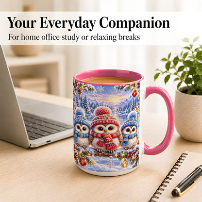 #pl[15oz|Pink] Christmas Owl Trio Coffee Mug, Winter Bird Mug, Ceramic Cup