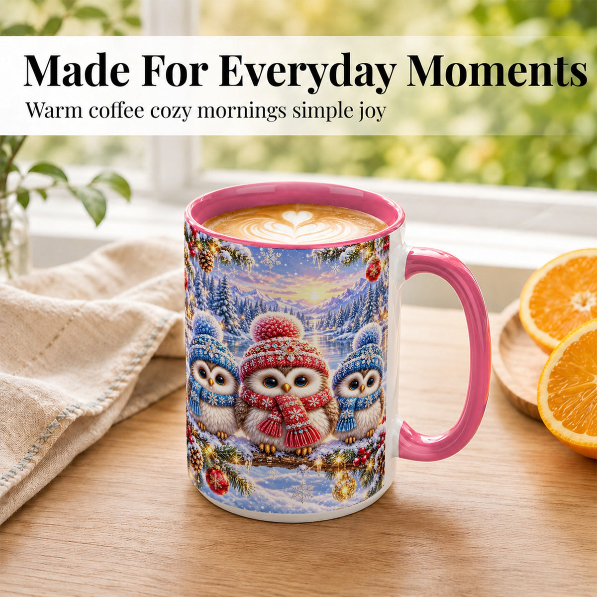 #pl[15oz|Pink] Christmas Owl Trio Coffee Mug, Winter Bird Mug, Ceramic Cup