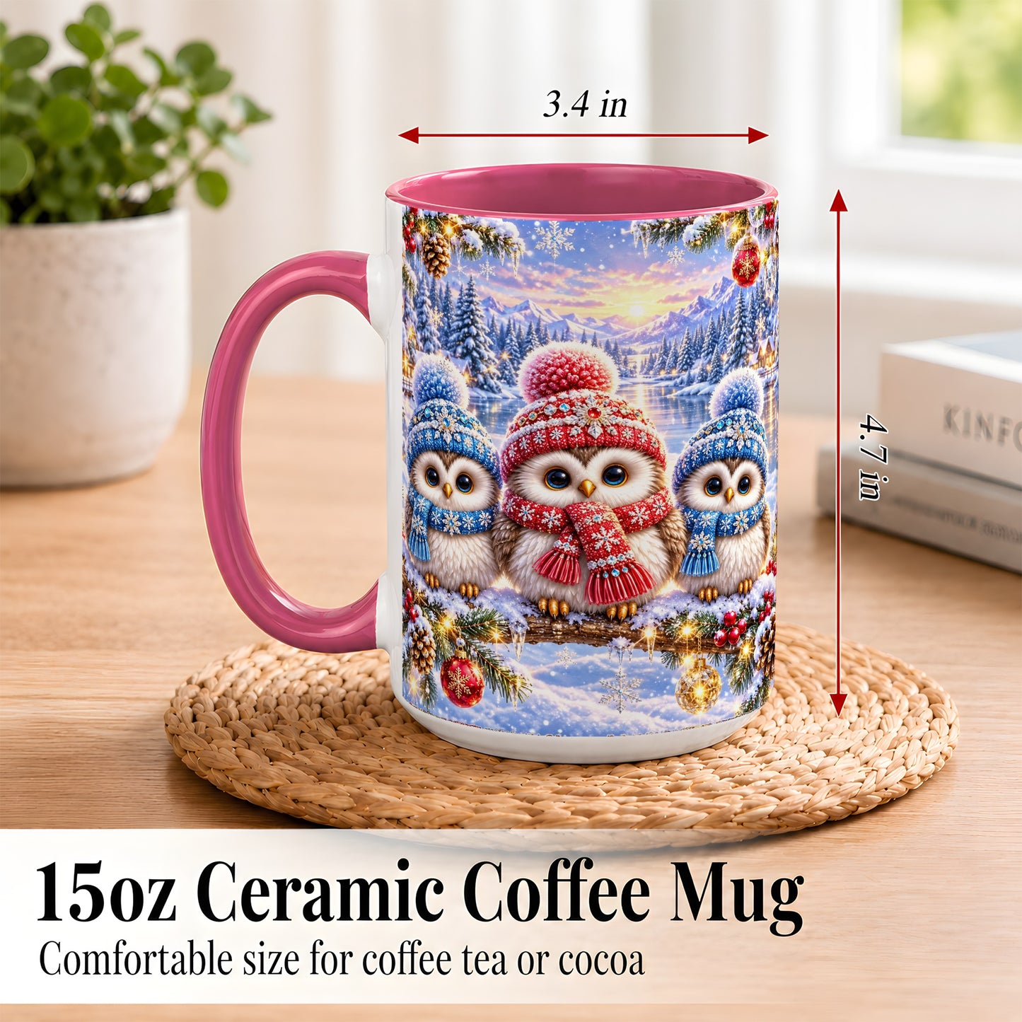 #pl[15oz|Pink] Christmas Owl Trio Coffee Mug, Winter Bird Mug, Ceramic Cup