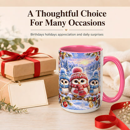 #pl[15oz|Pink] Christmas Owl Trio Coffee Mug, Winter Bird Mug, Ceramic Cup