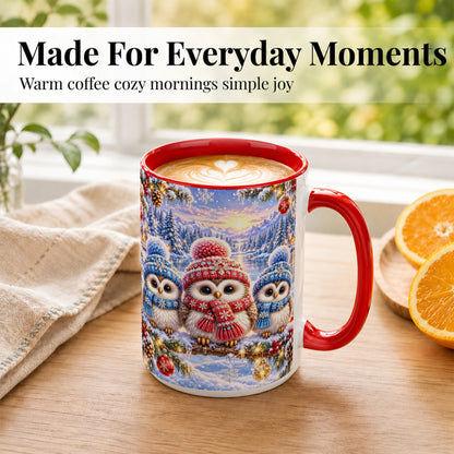 #pl[15oz|Red] Christmas Owl Trio Coffee Mug, Winter Bird Mug, Ceramic Cup