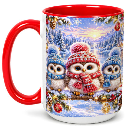 #pl[15oz|Red] Christmas Owl Trio Coffee Mug, Winter Bird Mug, Ceramic Cup