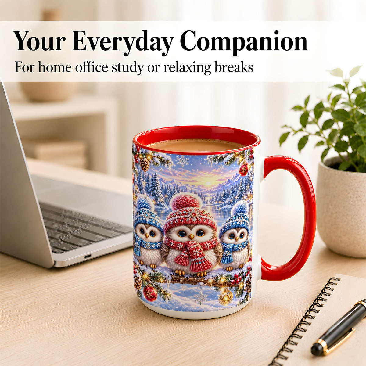#pl[15oz|Red] Christmas Owl Trio Coffee Mug, Winter Bird Mug, Ceramic Cup