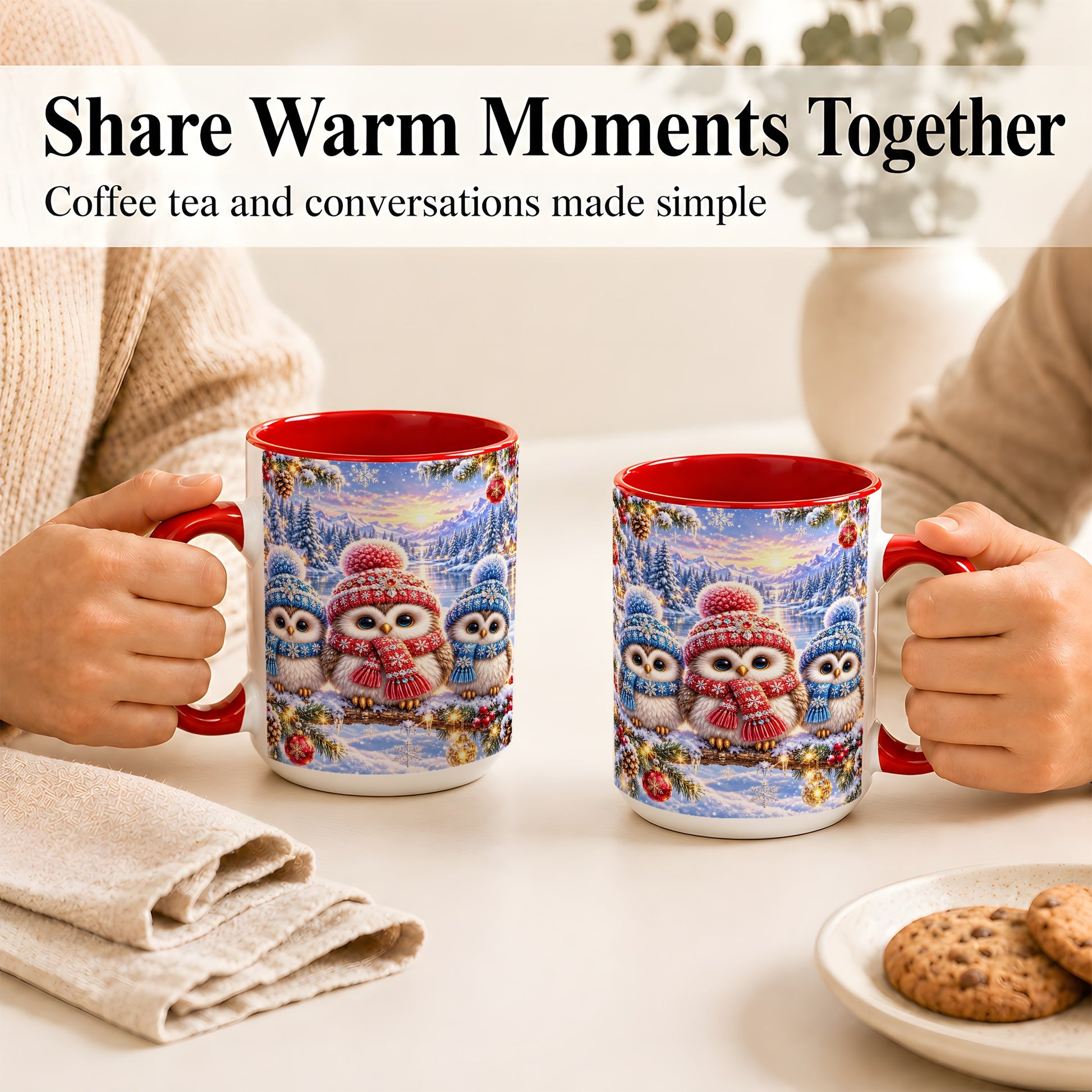 #pl[15oz|Red] Christmas Owl Trio Coffee Mug, Winter Bird Mug, Ceramic Cup