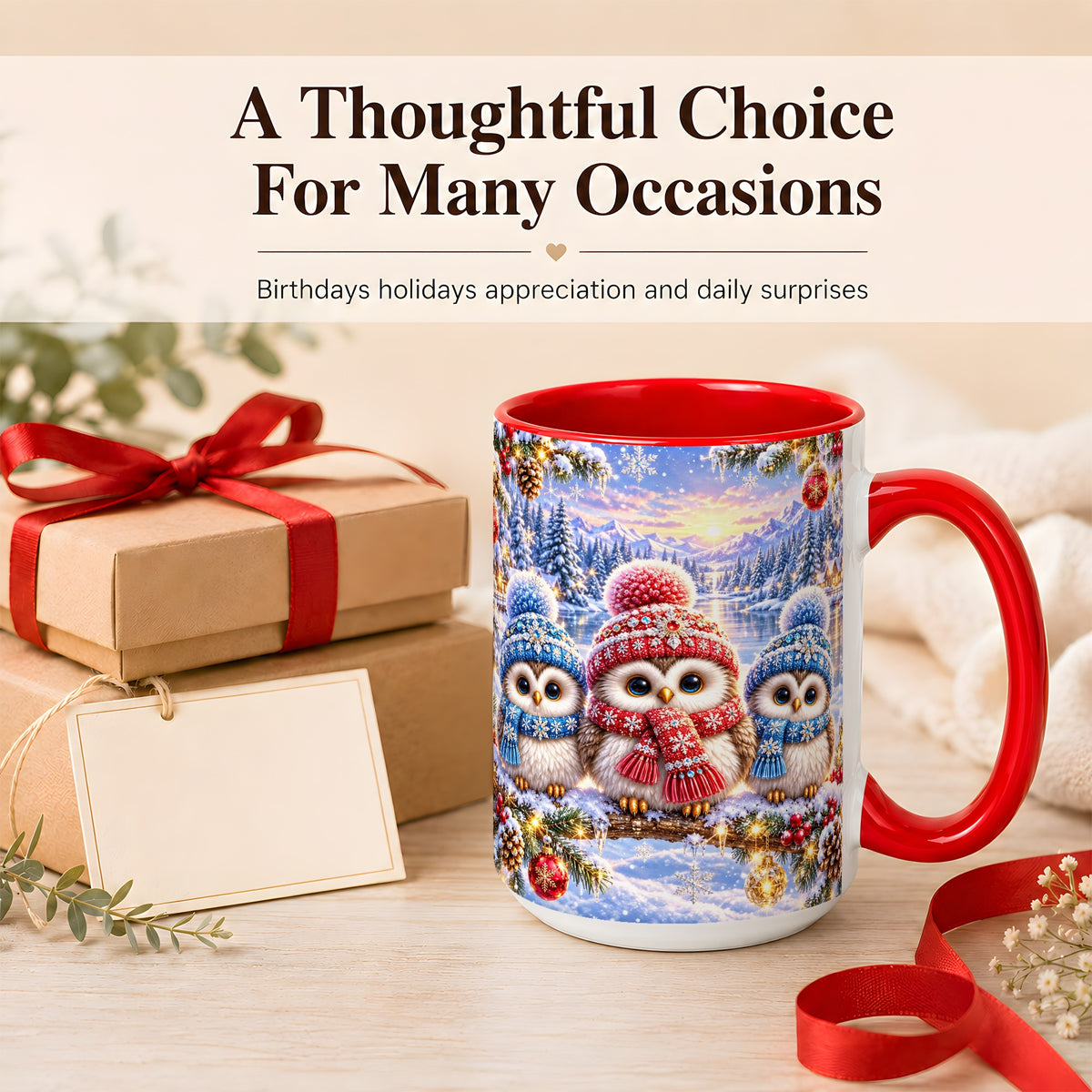 #pl[15oz|Red] Christmas Owl Trio Coffee Mug, Winter Bird Mug, Ceramic Cup