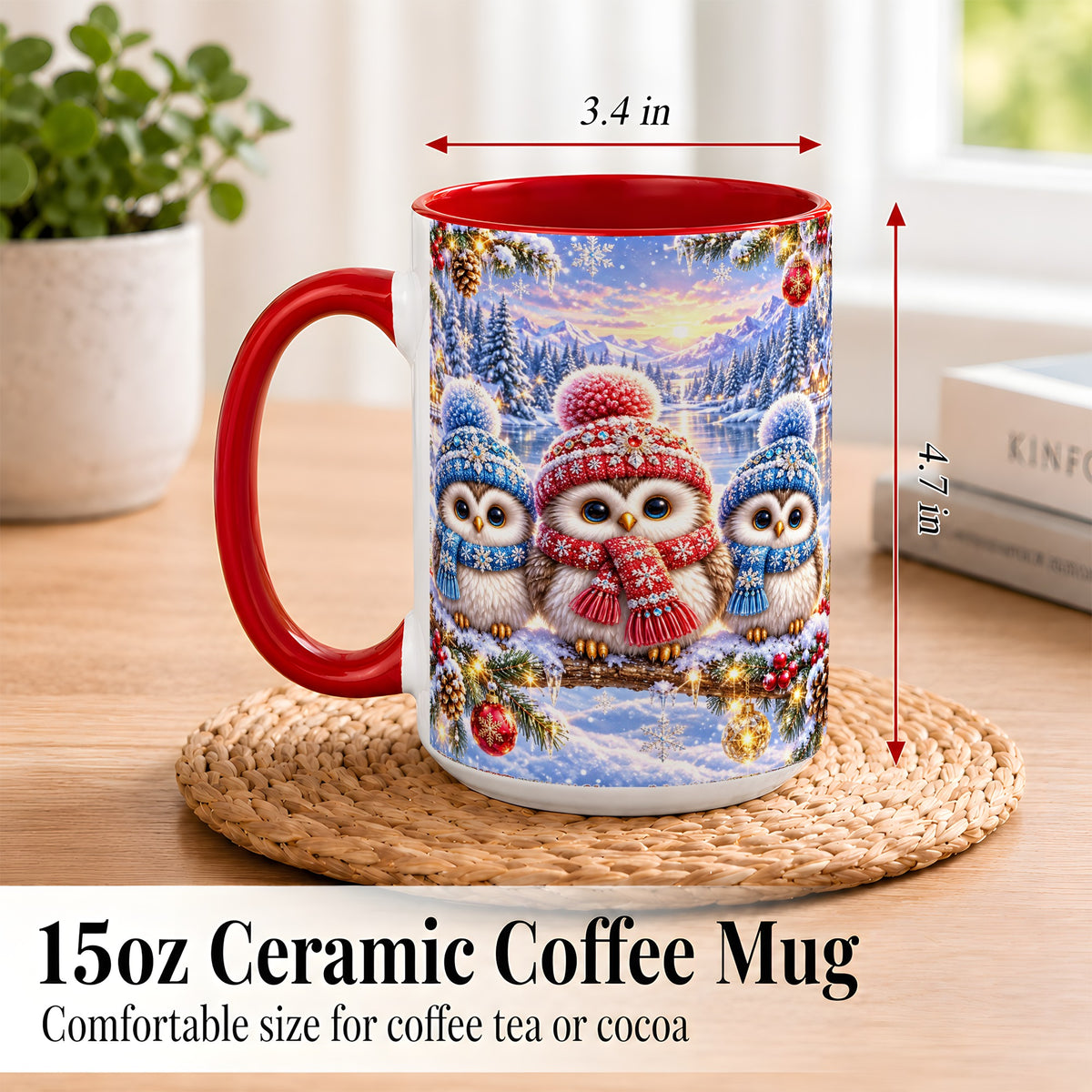 #pl[15oz|Red] Christmas Owl Trio Coffee Mug, Winter Bird Mug, Ceramic Cup