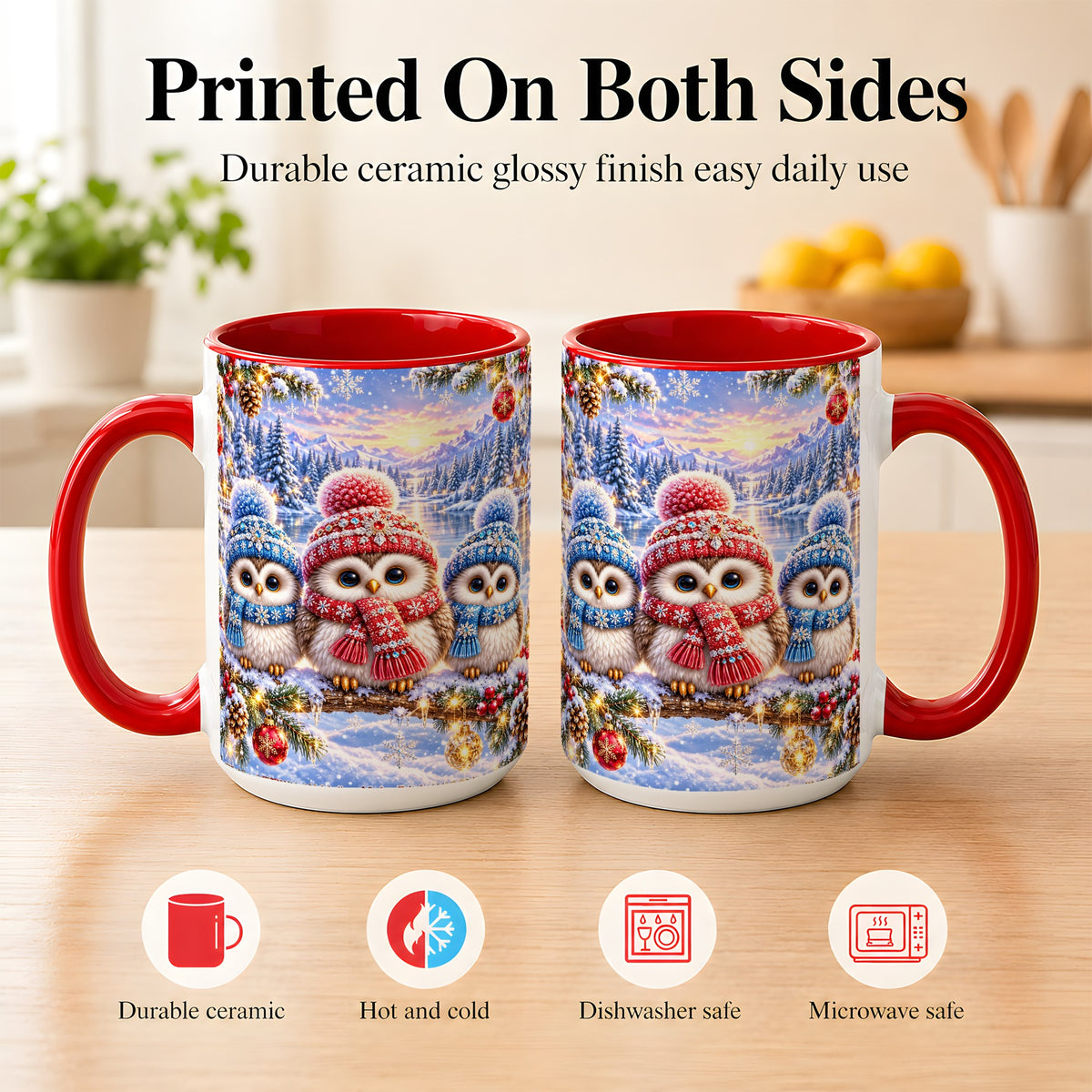 #pl[15oz|Red] Christmas Owl Trio Coffee Mug, Winter Bird Mug, Ceramic Cup