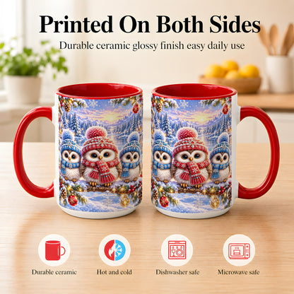 #pl[15oz|Red] Christmas Owl Trio Coffee Mug, Winter Bird Mug, Ceramic Cup