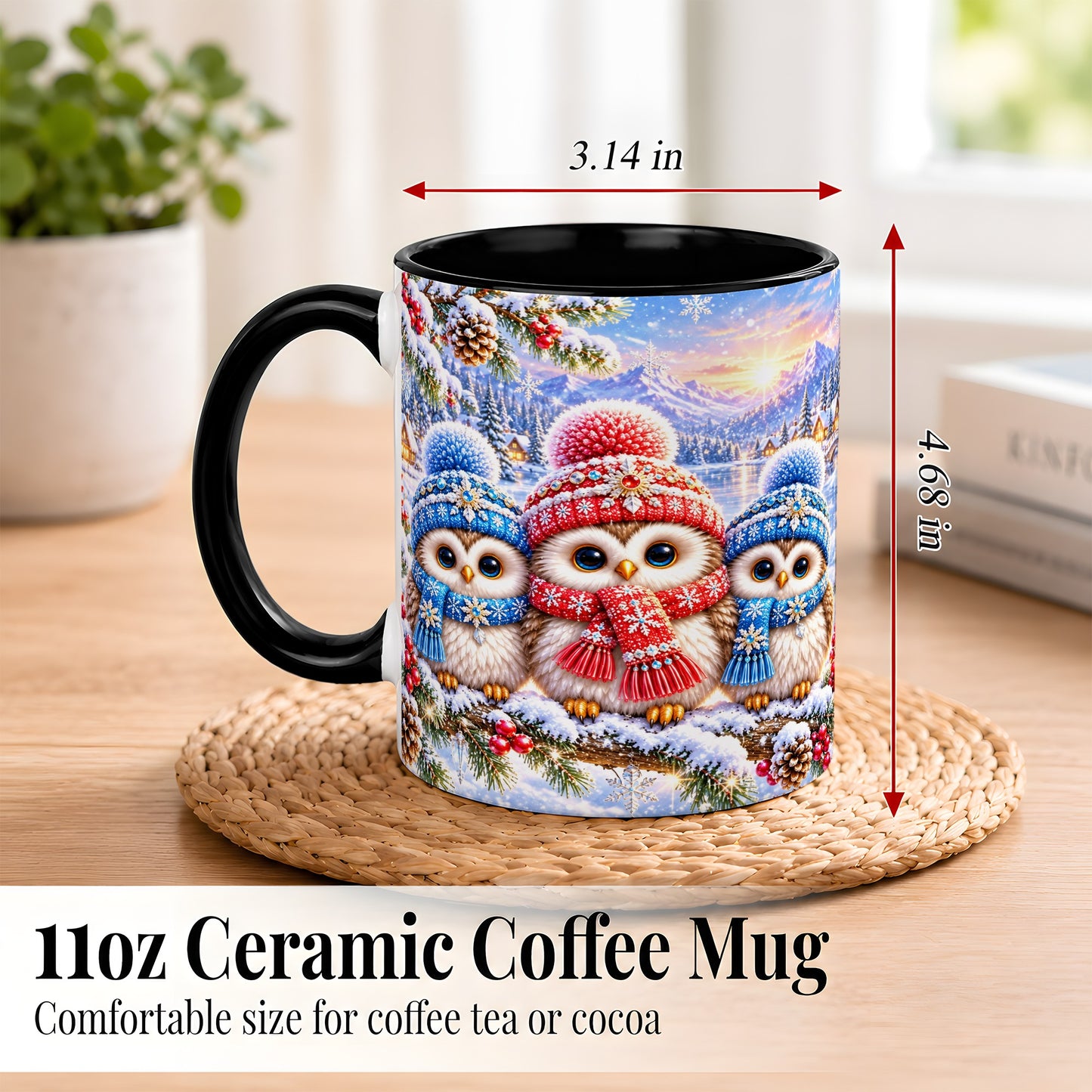 #pl[11oz|Black] Winter Owl Trio Coffee Mug, Snowy Mountain Bird Mug, Ceramic Cup