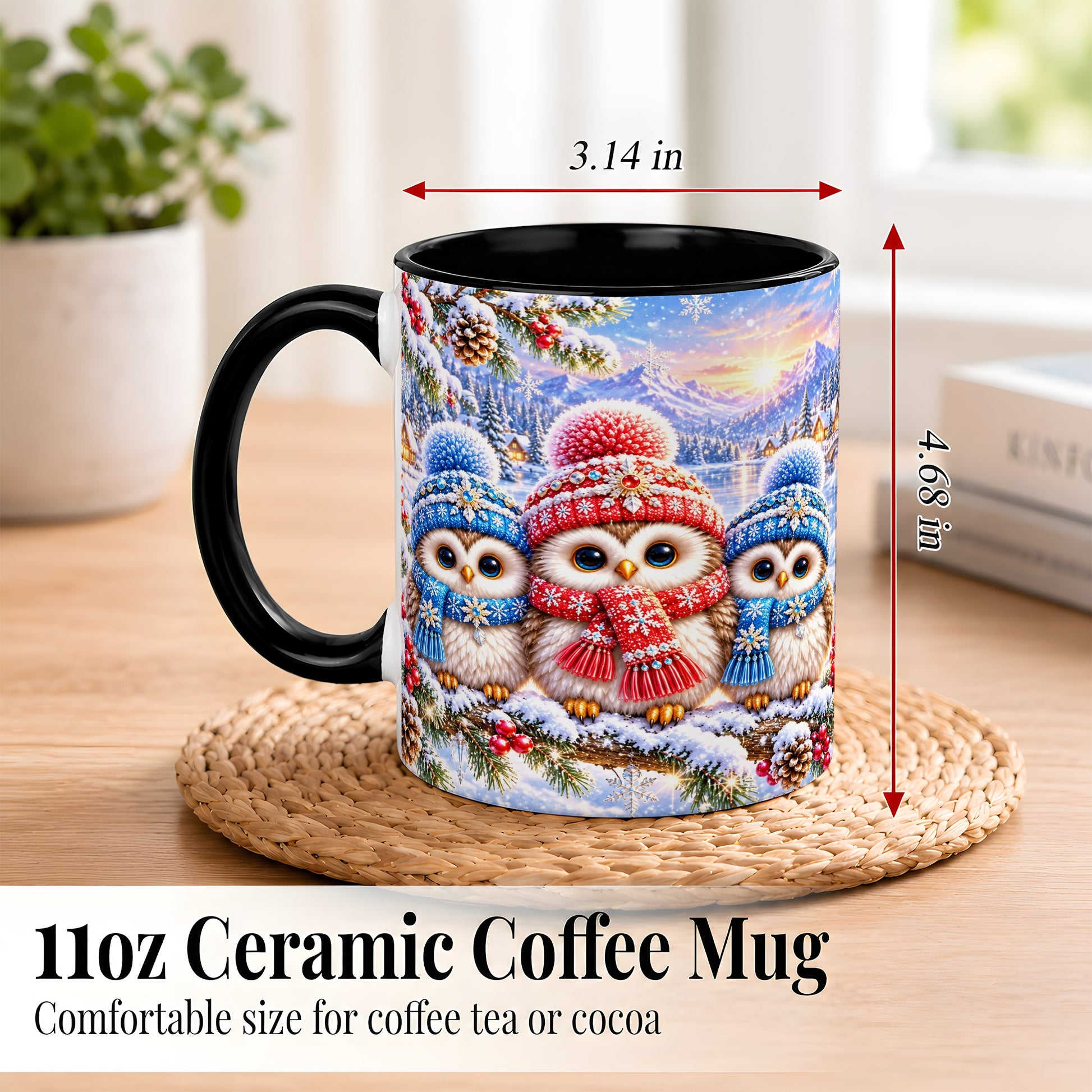 #pl[11oz|Black] Winter Owl Trio Coffee Mug, Snowy Mountain Bird Mug, Ceramic Cup