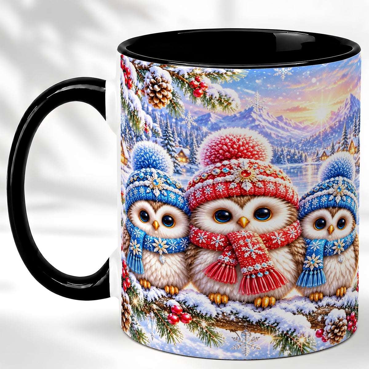 #pl[11oz|Black] Winter Owl Trio Coffee Mug, Snowy Mountain Bird Mug, Ceramic Cup