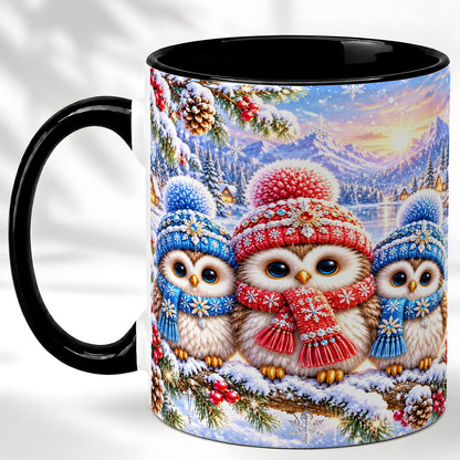 #pl[11oz|Black] Winter Owl Trio Coffee Mug, Snowy Mountain Bird Mug, Ceramic Cup